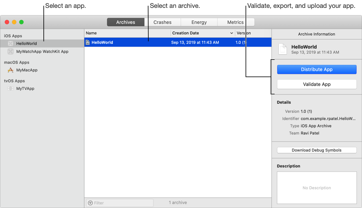 The left column shows the names of the apps you have archived. The middle pane lists the archives you created for the selected app. The inspector on the right displays details about the selected archive. The archive inspector contains controls to upload, export, and validate your app.
