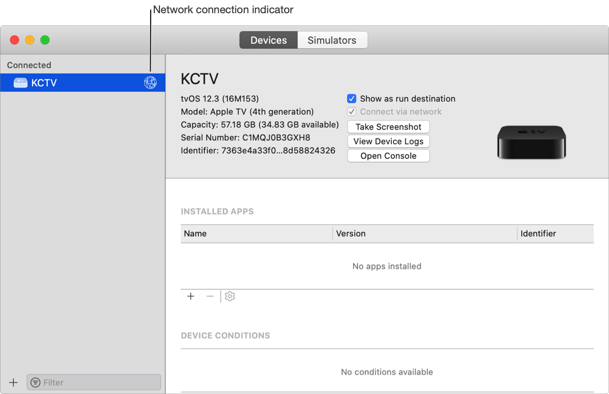 A screenshot showing an Apple TV with a network icon in the Devices and Simulators window.