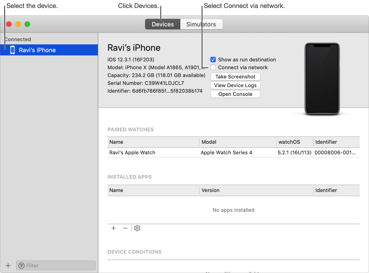 A screenshot showing an iPhone selected in the Devices pane of the Devices and Simulators window.