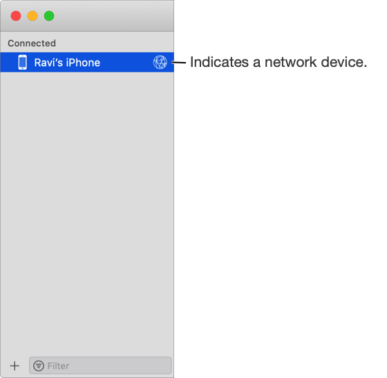 A screenshot showing an iPhone with a network icon in the list area of the Devices pane.