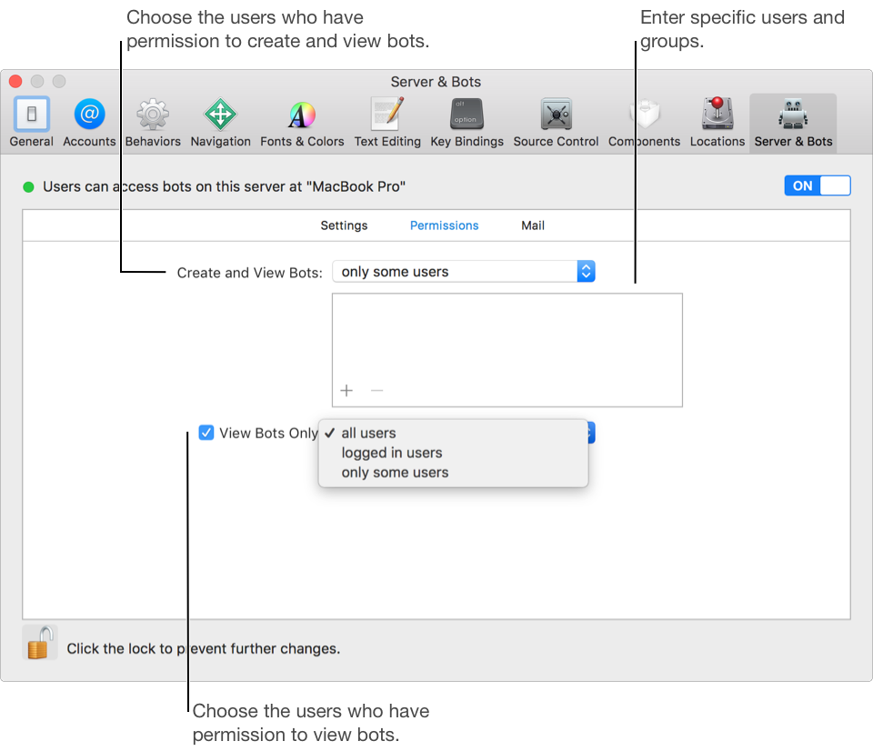 A screenshot showing the Permissions panel of the Server & Bots preferences pane.