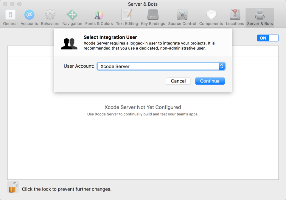 A screenshot showing the dialog to select the user for Xcode Server in the Server & Bots preferences pane.