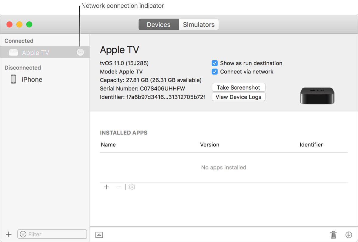 A screenshot showing an Apple TV with a network icon in the Devices and Simulators window.
