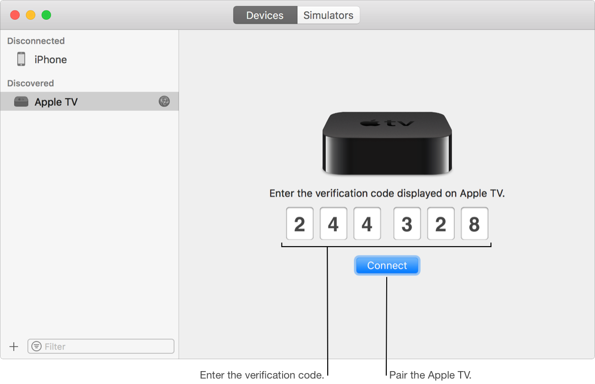 A screenshot showing entering a verification code on the device pane for an Apple TV in the Devices and Simulators window.
