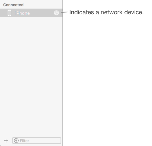 A screenshot showing an iPhone with a network icon in the list area of the Devices pane.
