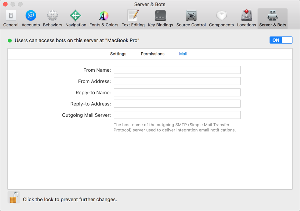 A screenshot showing the Mail panel of the Server & Bots preferences pane.