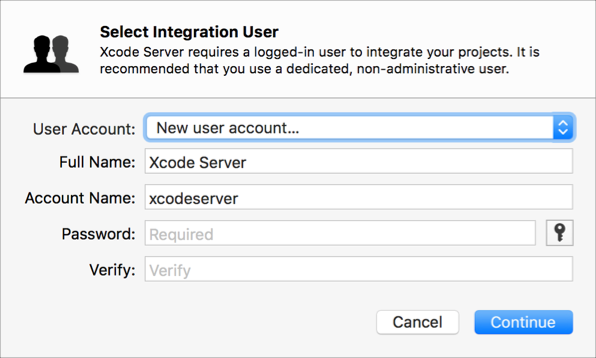 A screenshot showing the dialog for configuring a new user for running Xcode Server in the Server & Bots preferences pane.