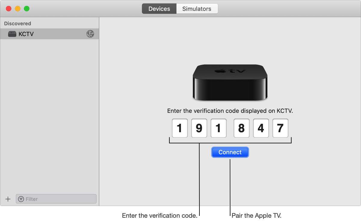 A screenshot showing entering a verification code on the device pane for an Apple TV in the Devices and Simulators window.